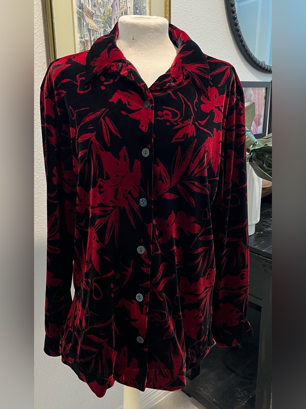 Kathie Lee Collection Black Velvet Shirt with Red Floral Print